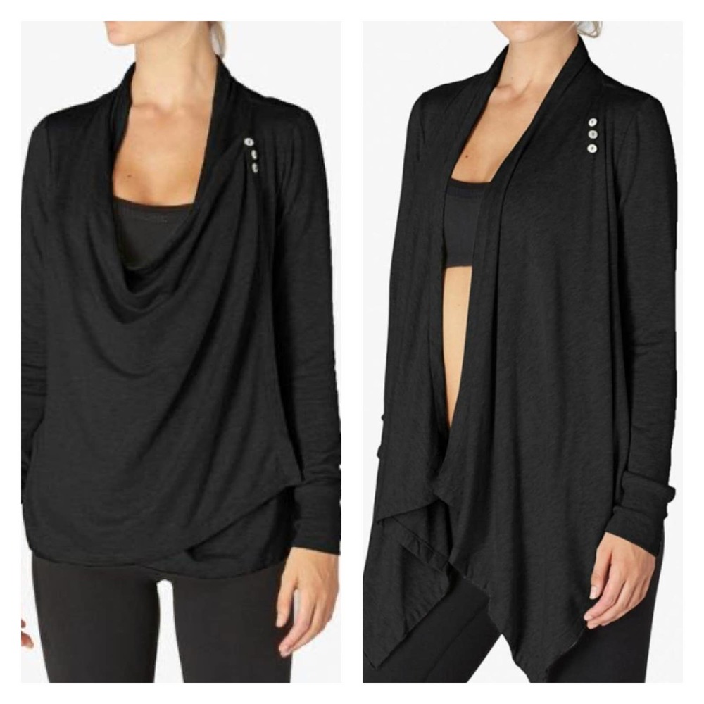 Beyond Yoga Draped Wrap Long Sleeve Three Button Cardigan Top Size XS Black